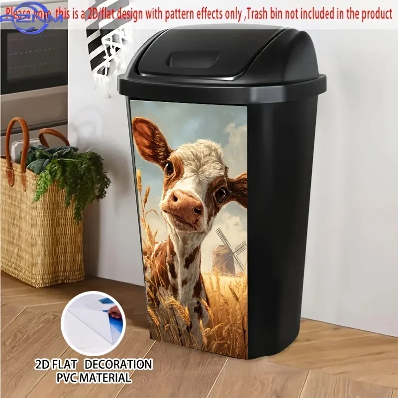 2D/FLAT, Cute Calf in Wheat Field Pattern Self-Adhesive Sticker, 14.57×32.28 Inch, Brown & White Calf with Golden Windmill Bac
