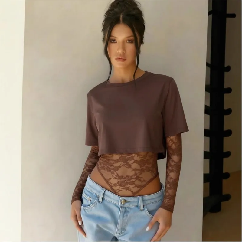 2026 Lace Patchwork Jumpsuits For Woman Jumpsuit Bodysuits Hot Girl Bodysuit Sexy Long Sleeve Top Women's Clothes Show Out Waist