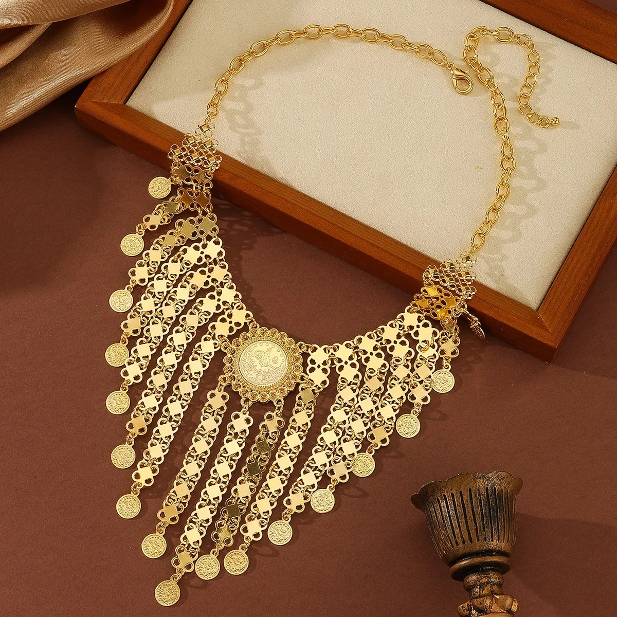 Kurdish Jewelry Arabic Gold Color Multi-layer Metal Coin Tassel Statement Necklace Women's Party Accessories