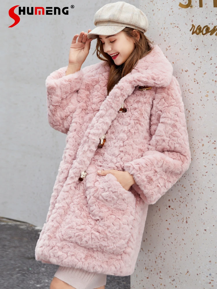 

Warm Cute Pink Furry Coat Woman 2023 Winter Women's Stand Collar Rex Rabbit Fur Artificial Mid-Length Lambswool Fluffy Jackets