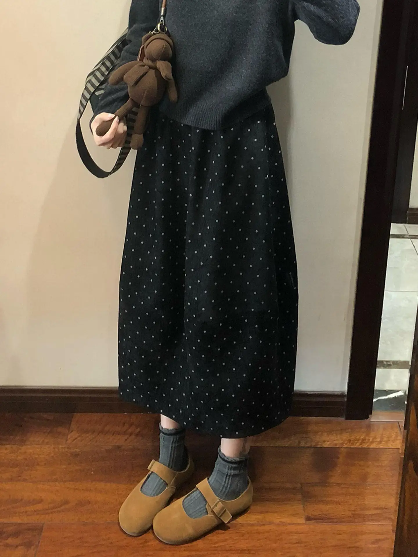 Spring New Arrival Retro Tweed Color Block Polka Dot A-Line  Skirt Women High Waist Hip Concealing Umbrella Skirt