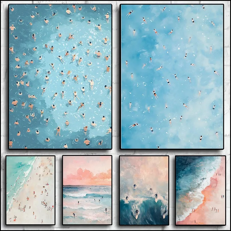 الصيف المحيط شاطئ مشهد المشارك الجوي تصفح السباحة المحيط موجة قماش اللوحة الساحلية جدار الفن لغرفة المعيشة ديكور المنزل
