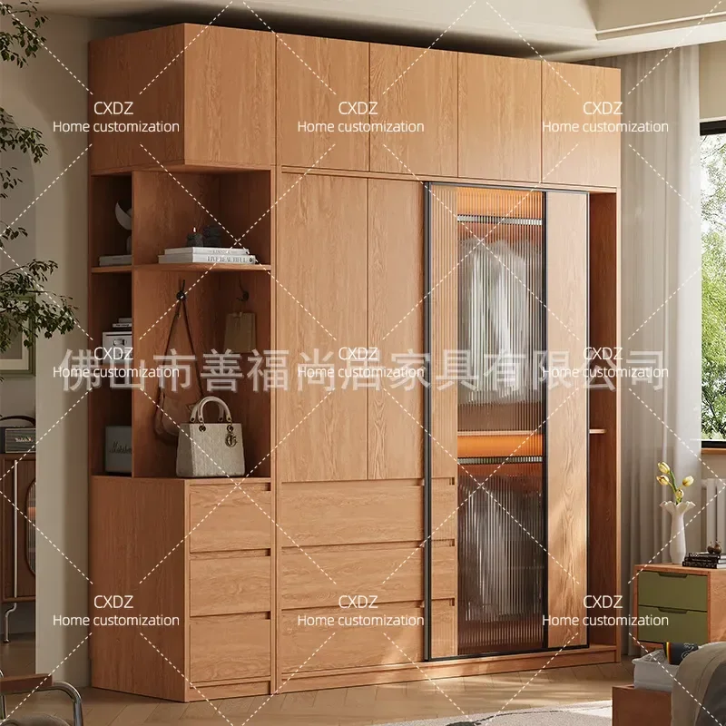 Solid Wood Oak Wardrobe Sliding Door Bedroom Storage Cabinet Assembly Combination Log Color Closet Home Furniture