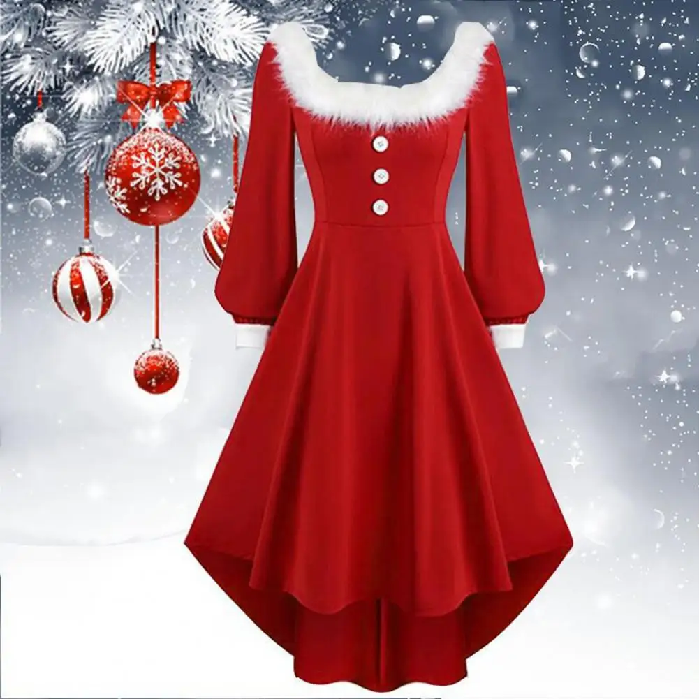 

Christmas Performance Dress Fluffy Square Neck Pure Color A-line Irregular Hem Button Decor Festive Stage Show Santa Cosplay Cos