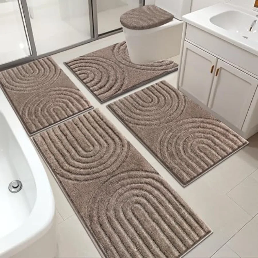 

HEBE Bathroom Rugs Set 5 Pcs Plush Absorbent Bath Mats for Bathroom Non Slip Machine Washable Bath Mat Set with Toilet Cover Ba