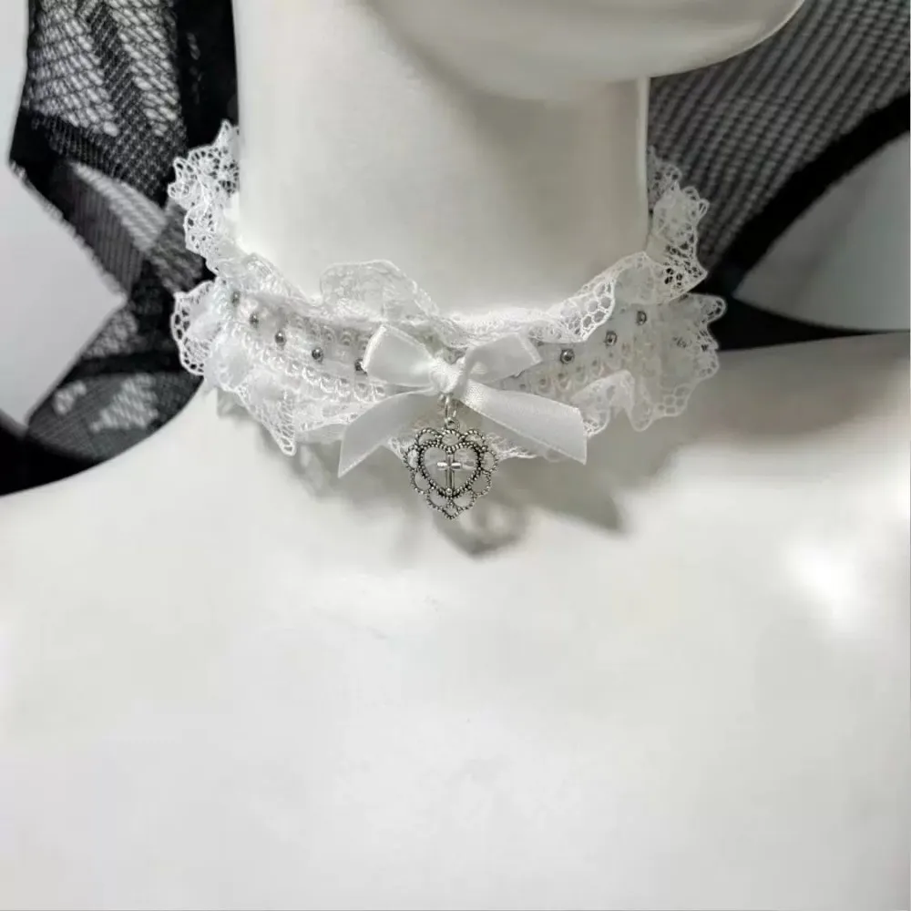 Gothic-Halsband aus schwarzer Spitze mit Schleifen- und Kreuzanhänger, Vintage-Y2K-Halskette mit Gummiband für Mädchen, Punk-Lolita-Cosplay-Kragen-Schmuck. – Detail 3