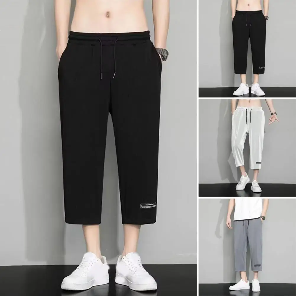 Casual Men Trousers Men's Ice Silk Mid-calf Drawstring Pants Lightweight Breathable Trousers with Elastic Waist for Quick