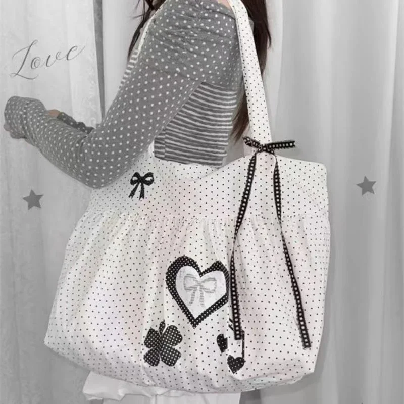 Koreanische Polka Dot Umhängetasche Niedliche Schleife Engelsflügel Design Handtasche Damenmode Pendeln Einkaufstasche Retro Kontrast Einkaufstasche – Detail 15