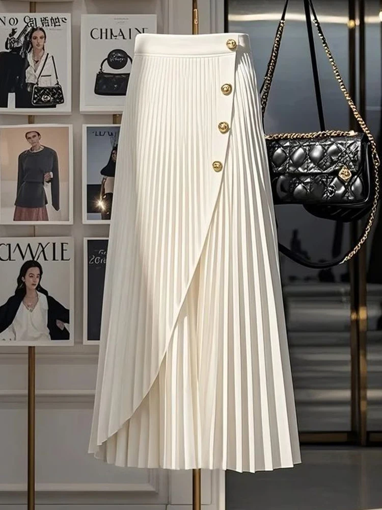 Spódnica damska Hebe Sle Design, unikalny guzik, nowa moda, mozaika, składana spódnica w kształcie litery A, wysoki stan, poliester