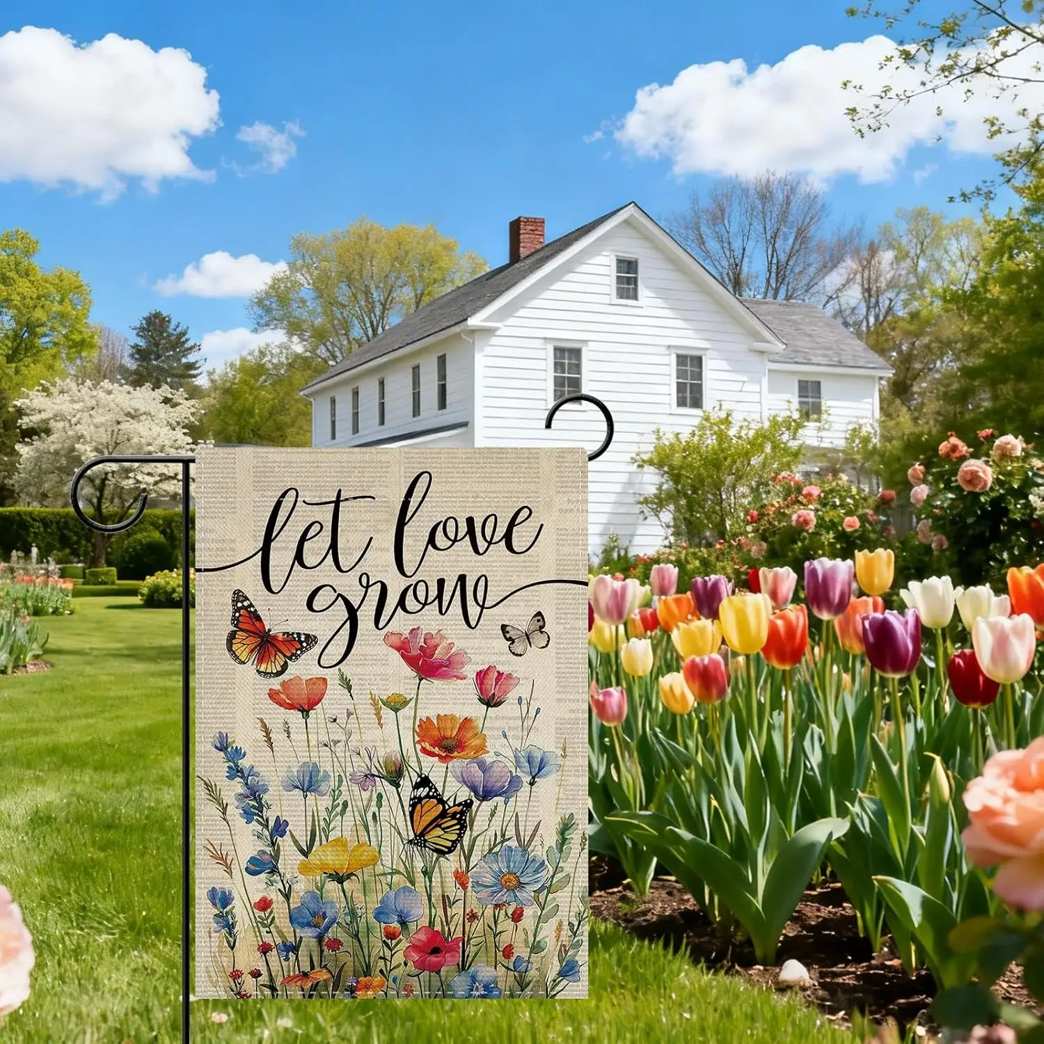 Dyrenson Spring Summer Vintage Floral Decorative Garden Flag, Retro Let Love Grow Flower Butterfly Yard Outside Home Decorat ZZM
