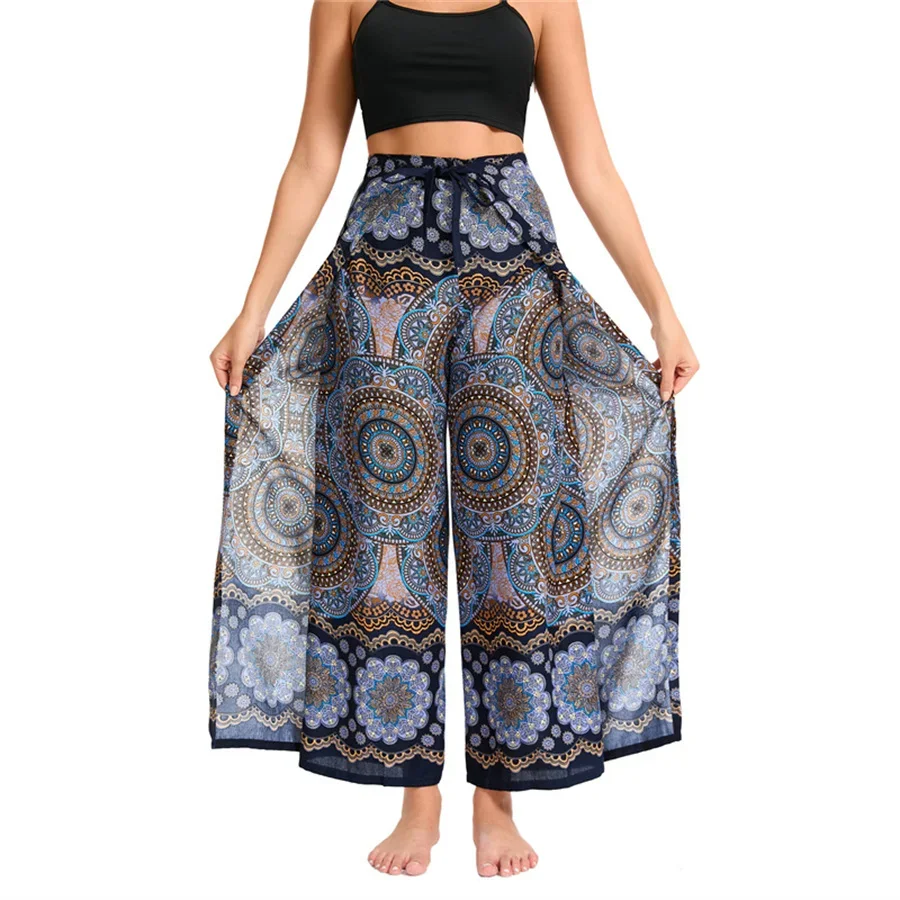 Calças boho palazzo femininas perna larga yoga envoltório amarrar cintura praia cobrir calças rayon macio respirável calças soltas