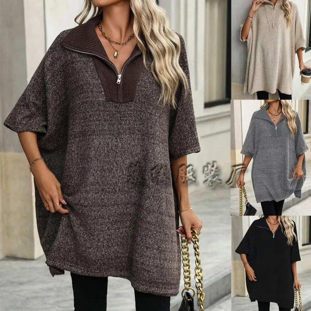 

Модный вязаный свитер средней длины с длинным светом и воротником на молнии, женский трансграничный осенне-зимний новый поступление, для поездок на работу