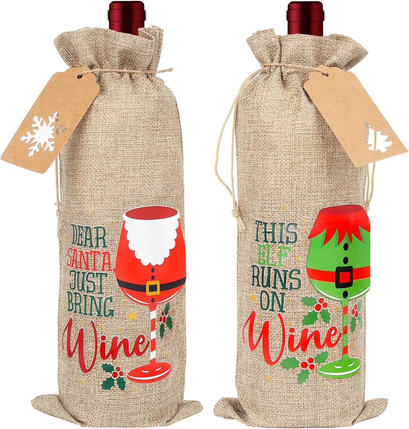 2 Stück WEIHNACHTEN Weinflasche Geschenktüten Weihnachten Sackleinen Weinbeutel Wiederverwendbare Wein Geschenktüten für Weihnachten Neujahr Partyzubehör