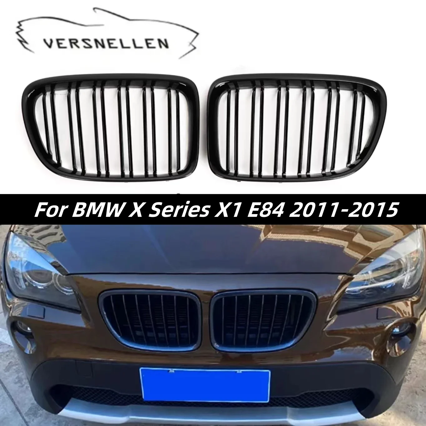 1 Pair Racing Grills for BMW X1 E84 2011-2015 Front Bumper Grille ABS Glossy Black Dual Line Kidney Grill Replacement