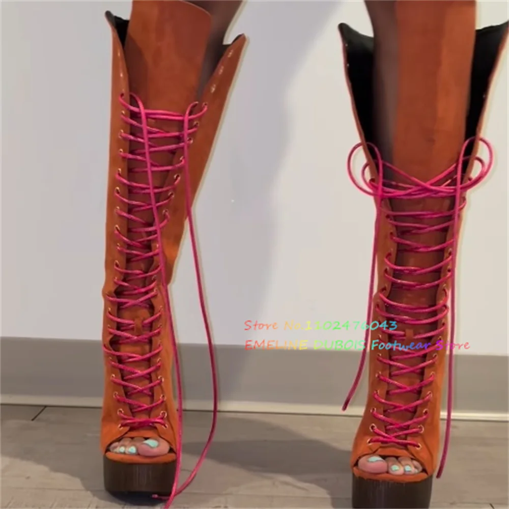 Orange Thick Bottom Slope Heel Hot Girl Strap Sexy High Heels Women Open Toe Platform Wedge Heel Color Patchwork Knee High Boot
