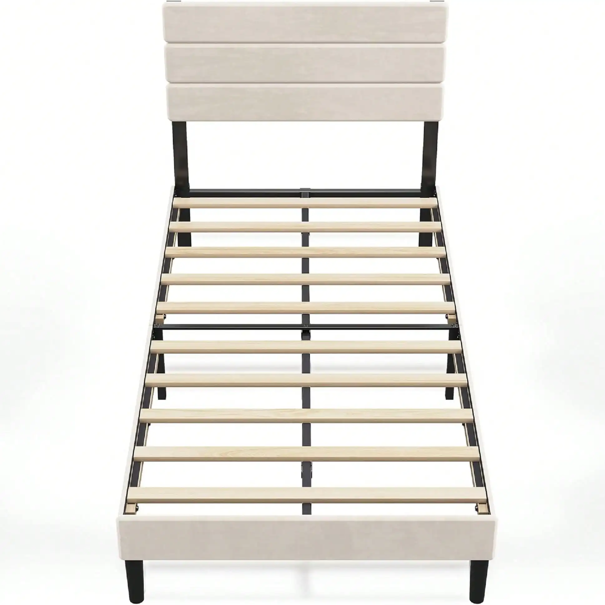 Upholstered Bed Frame, Twin Bed Frames With Headboard, Platform Bed With Wood Slats, 600LBS Mattress Foundation, No Box Spring N