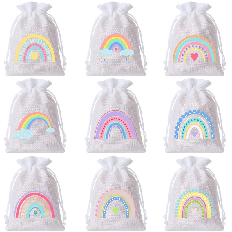 

72pcs/lot 10*14cm 2025 Newest Boho Rainbow White Burlap Drawstring Pouches Holiday Wedding Party Favor Packing Bags