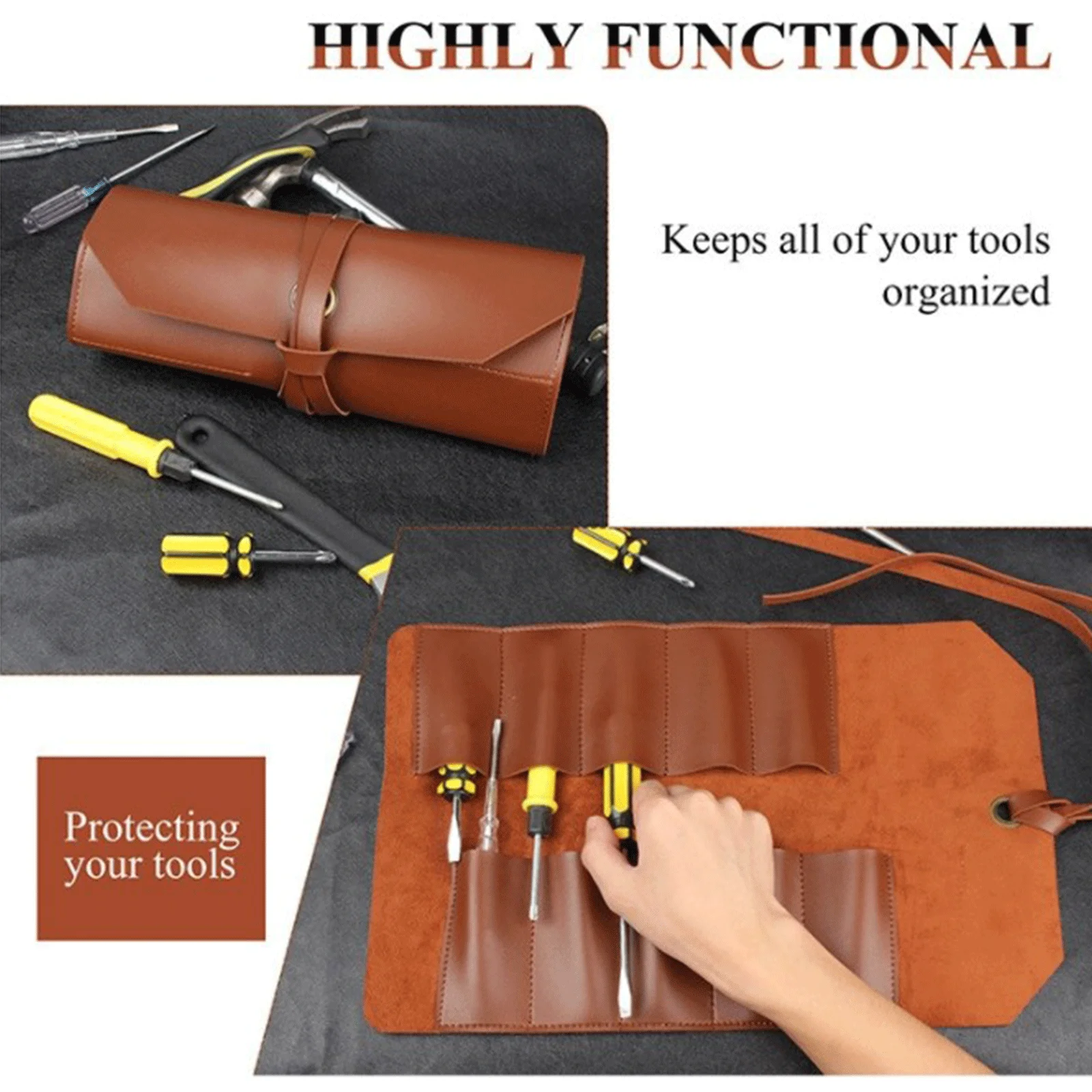 Tool Roll Up Bag (10 Slots) Leather Portable Large Capacity Folding Carry Tool Organizer Brown/Black Electrical Tool Storage Bag