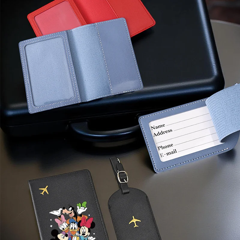 قطعتان من حامل جواز السفر ميكي ميني دونالد ومجموعة علامات الأمتعة، محفظة سفر من البولي يوريثان للجنسين، هدية لطيفة لأساسيات السفر لجميع الأعمار #3