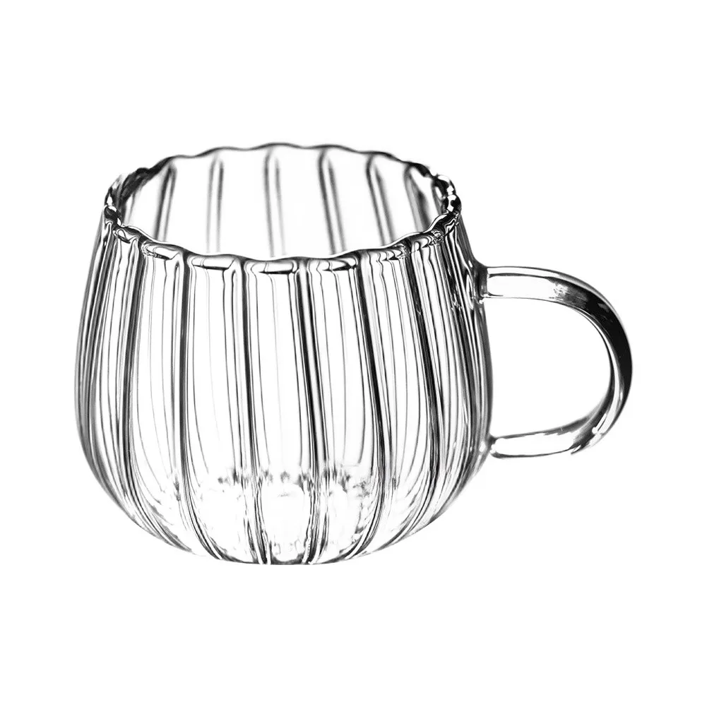 4 Transparent Glass Drinking Cups with Vertical Lines and Integrated Curved Handle for Stable Beverage Handling