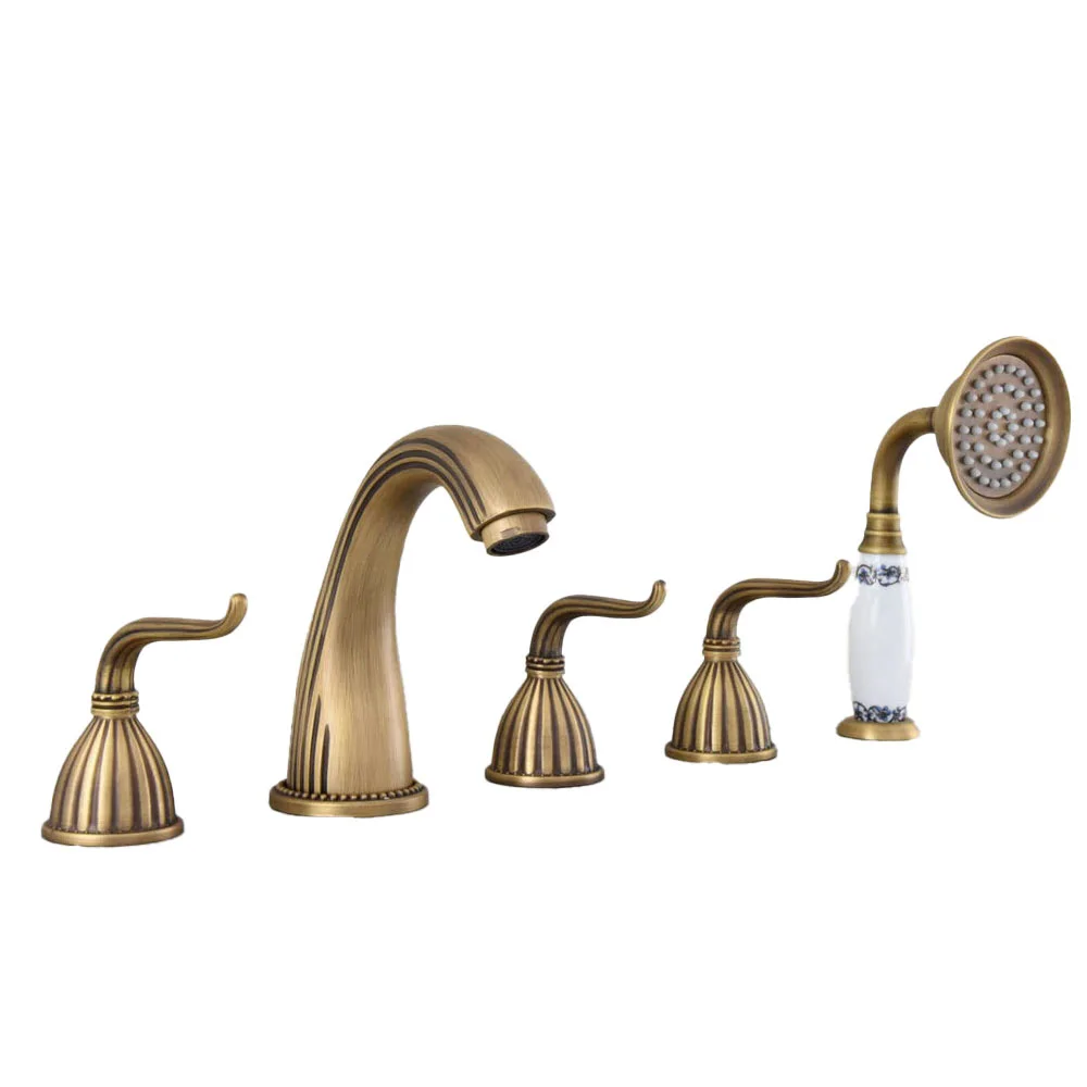 

Antique Brass Roman Bathtub Mixer Faucet Set with Handheld Shower Deck Mounted 5 Holes Hot and Cold Taps ttf243