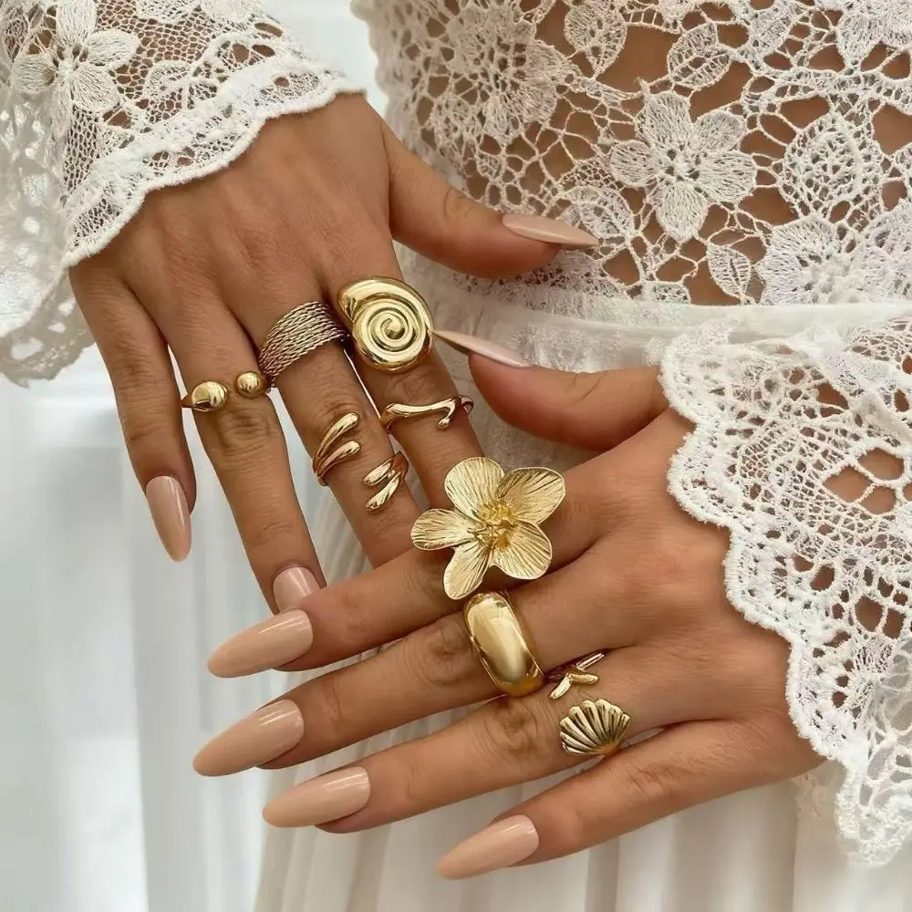 High Quality Fashion Gold Tone Boho Open Rings Aesthetic Adjustable Open Joint Ring Stackable Petal Flower Ring Women Jewelry