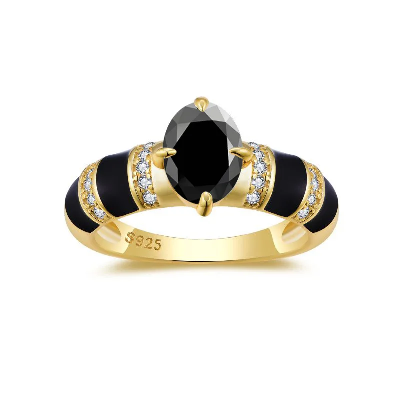 

Oval Black Moissanite Engagement Rings for Women Anniversary Ancient Egypt Gold Plated 925 Sterling Silver VVS1 D Color