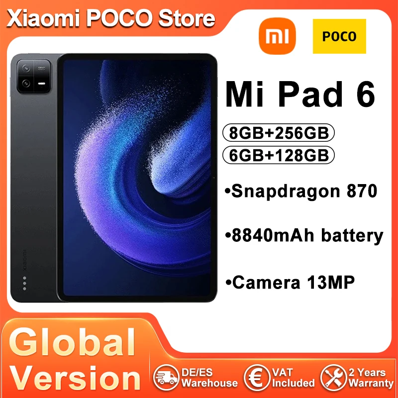 Global Version Xiaomi Mi Pad 6 Snapdragon 870 128GB/256GB Tablet 11 ''WQHD + 144Hz Bluetooth Fast Charging 8840mAh Battery