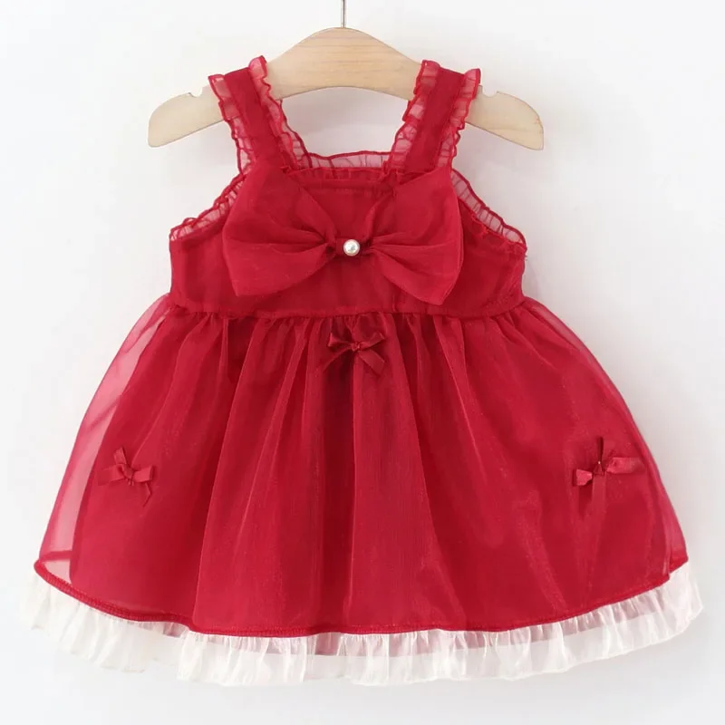 

Летнее платье принцессы для девочек, корейская мода, сетчатые платья без рукавов с бантом на день рождения, роскошные платья, костюм для малышей, детская роскошная одежда B025