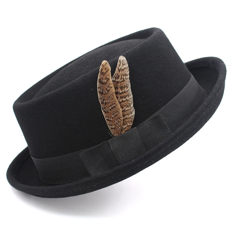 Men Women Wool 100% Pork Pie Hats Fedora Trilby Sunhat Street Style Classical Feather Band Cap Travel Outdoor Size US 7 1/4 UK L