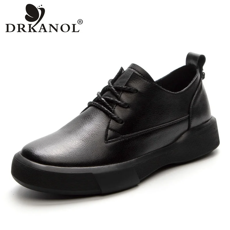 DRKANOL scarpe basse da donna in stile britannico stringate punta tonda vera pelle bovina appartamenti tacco Comfort versatili scarpe singole Casual