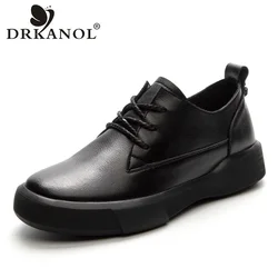 DRKANOL scarpe basse da donna in stile britannico stringate punta tonda vera pelle bovina appartamenti tacco Comfort versatili scarpe singole Casual H2122