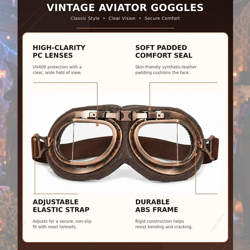 Retro Motorcycle Goggles Vintage Copper Frame Steampunk Pilot Windproof UV400 Anti-Dust for Harley ATV Bike Helmet Riding Gear