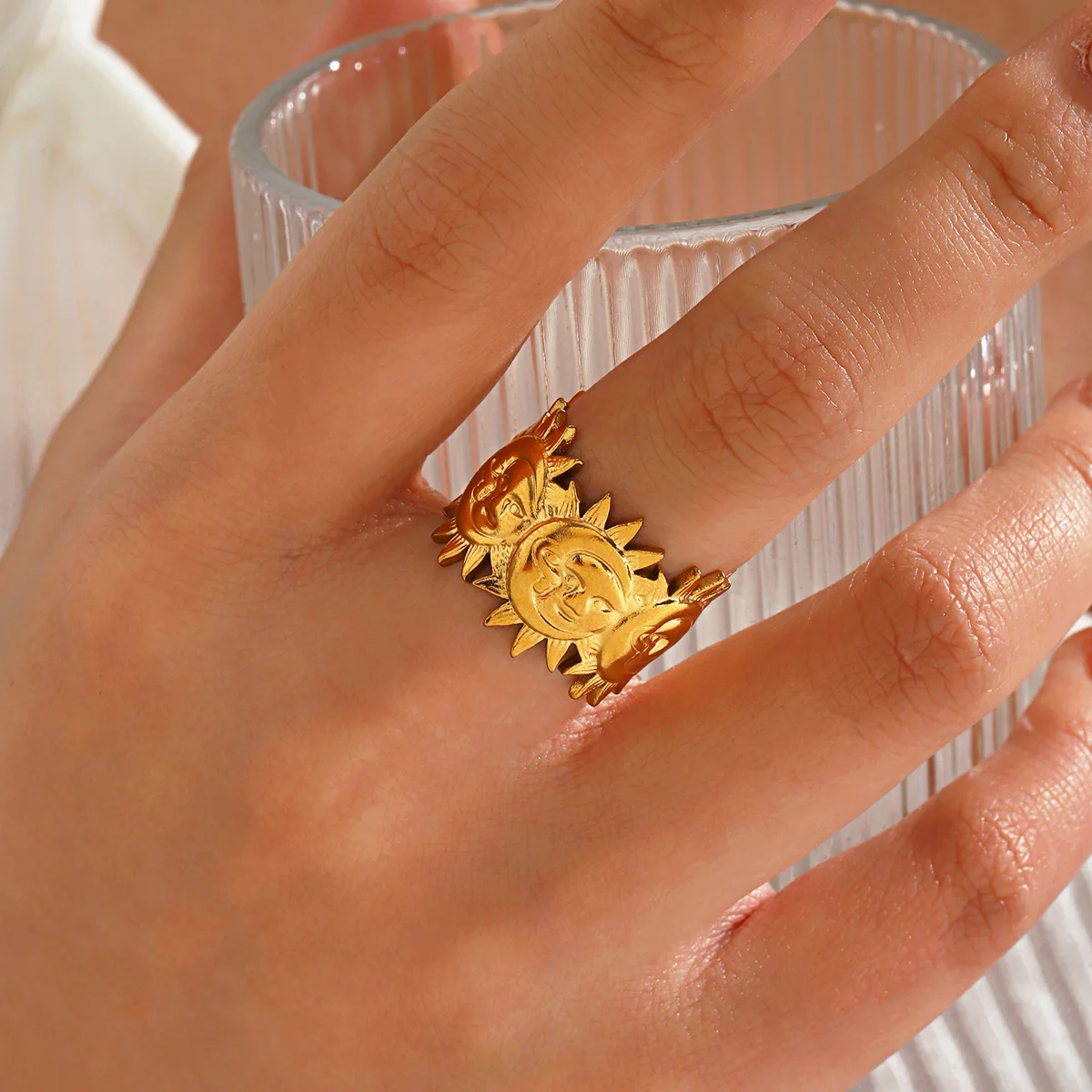 New Design 18k Gold-plated Stainless Steel Sun Open Ring Extended Vintage Trendy Ins-style Accessory Fashion Jewelry