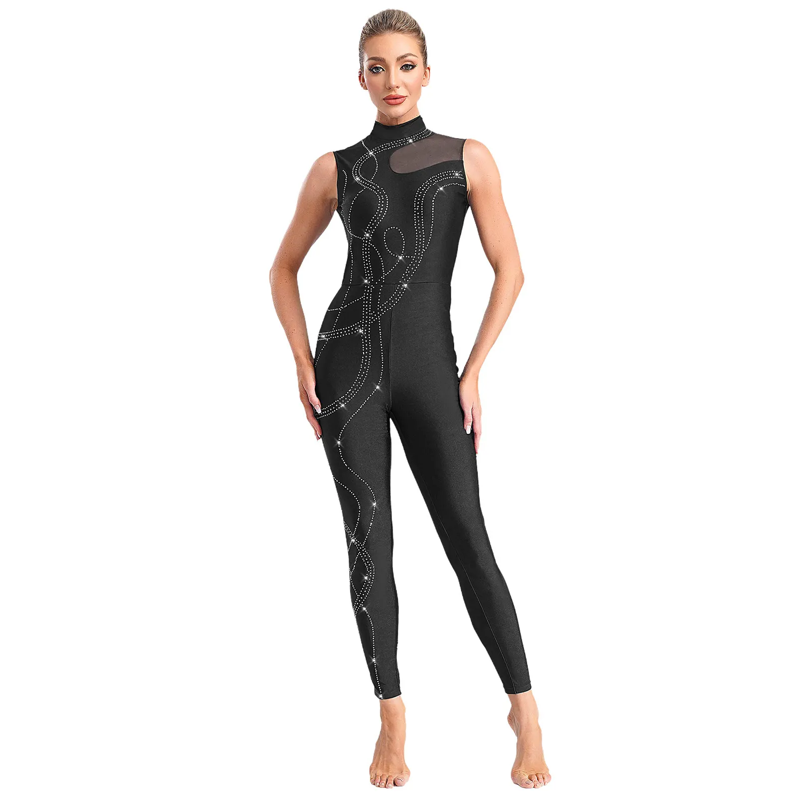 Womens Kunstschaatsen Ritmische Gymnastiek Prestaties Kostuum Glanzende Steentjes Mouwloze Mesh Ballet Dans Maillots Jumpsuit