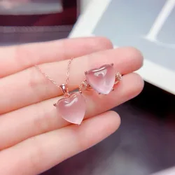 FS Natural Heart-shaped Rose Quartz S925 Sterling Silver Fine Weddings Jewelry Set for Women Ring Pendant 2-Piece MeiBaPJ