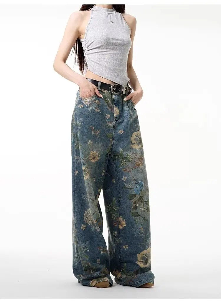 Women Print Jeans Wide Leg Pants High Waist Full Length Jeans Women Loose Straight Floor-length Mopping Long Pants