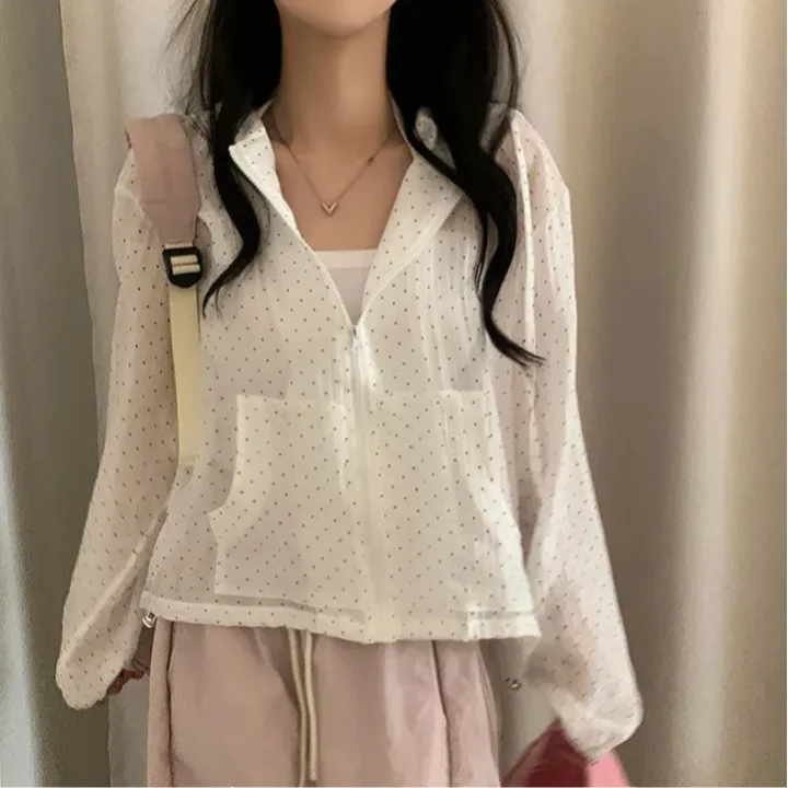 

Chic Spring Summer Loose Casual Zipped Hooded Thin Polka Dot Sun Protection Outerwear Long Sleeve Women's Fashion Outerwear