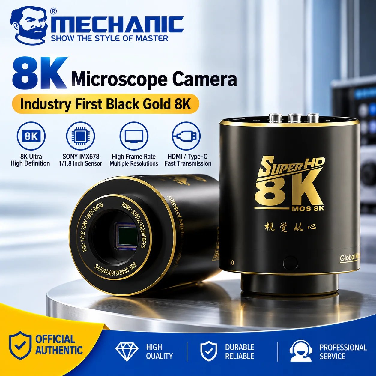 MECHANIC MOS 8K Mikroskopkamera SONY IMX678 41MP 6X Zoom 8K Full HD Typ C Schnellübertragung Foto Video Mehrsprachig Schwarzgold
