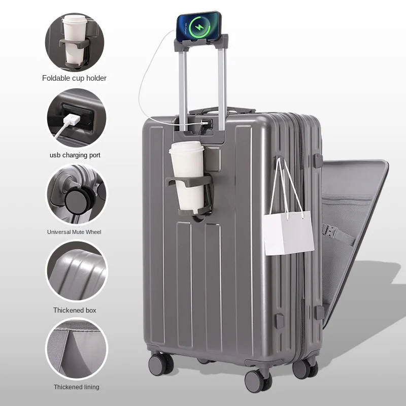 KO-KU Front Opening Lid Trolley Suitcase Business Carry On Boarding USB Charging Cup Holder Large Capacity Luggage20/22/24/26/28