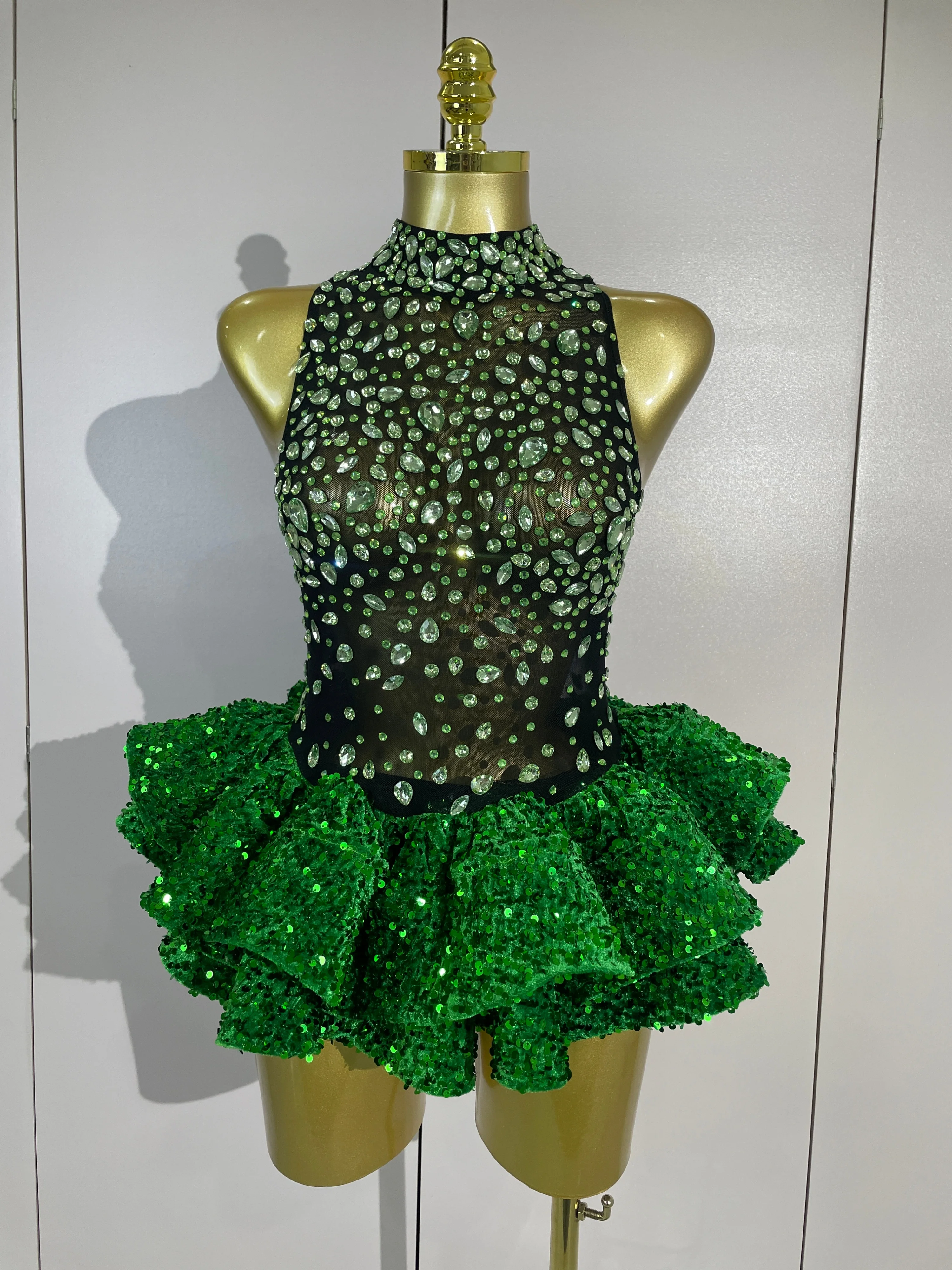 Women Sexy See Through Sparkly Green Rhinestones Sequins Bodysuit Eveing Party Singer Dancer Nightclub Performance Stage Costume