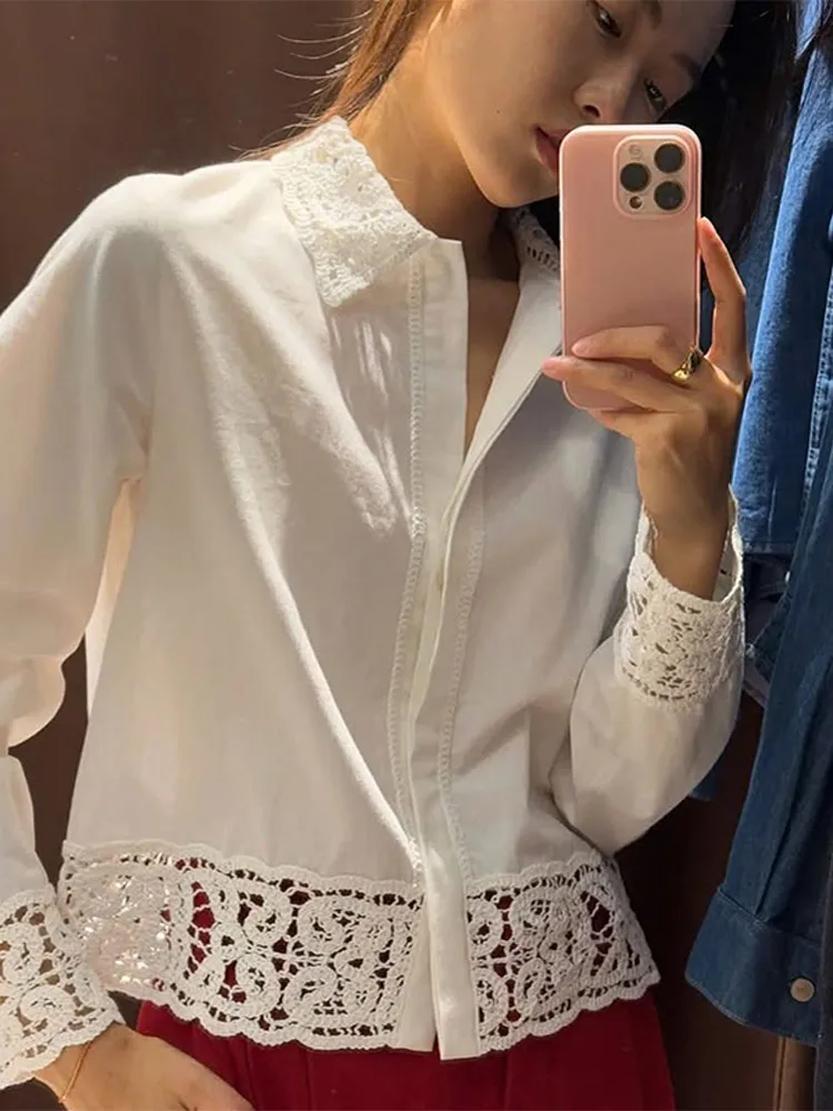 Embriodery レースショーツセット綿ブラウスシャツスーツ女性ラペルヴィンテージ中空アウトトップスオフィスレディースブラウス 2 枚セット