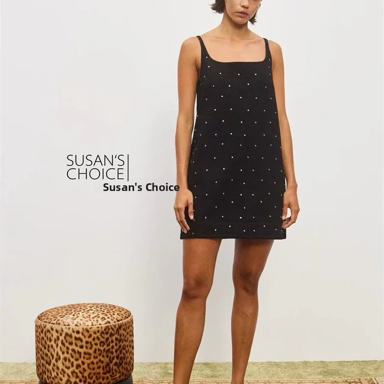 スーザン ブラック クリスタル装飾デニムベストドレス ショート丈 ストラップレス ホリデースタイル レディースファッション カジュアル サマードレス