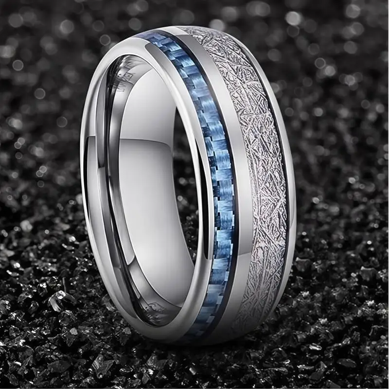 Blue Carbon Fiber White Meteorite Rings,8Mm Men's and Women's Hard Alloy Wedding Rings, Couple Rings, Halloween Valentine's Day