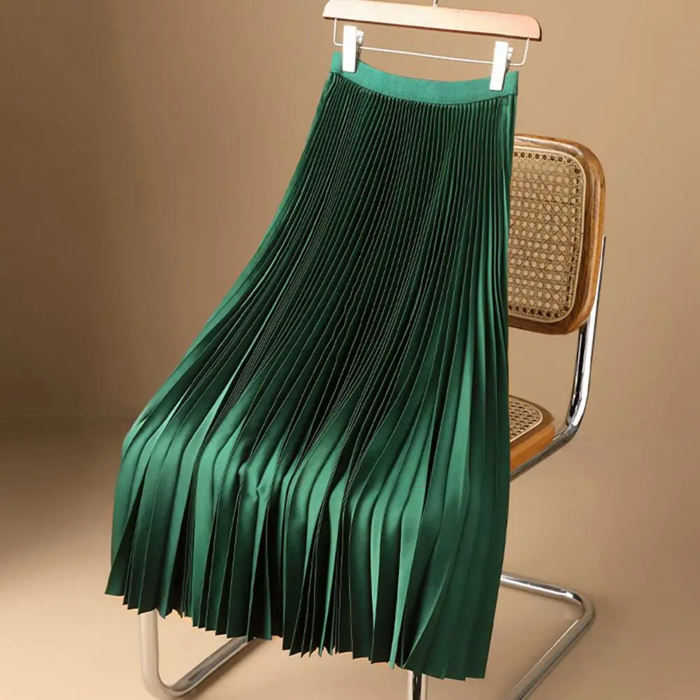 Women Maxi Skirt Elastic High Waist Pleated Skirt Solid Color Smooth Satin Long Skirts A-Line Skirt Work Leisure Wear