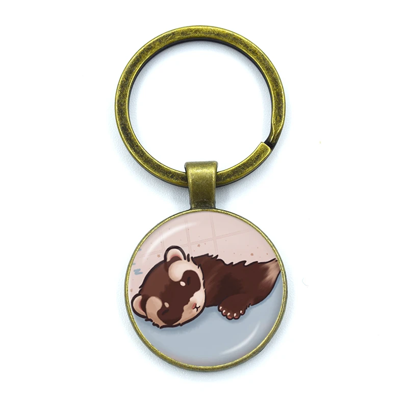 Cute Ferret Keychains Handmade Glass Cabochon Alloys Key Rings Pendants Trinkets Cartoon Design Creative Fashion