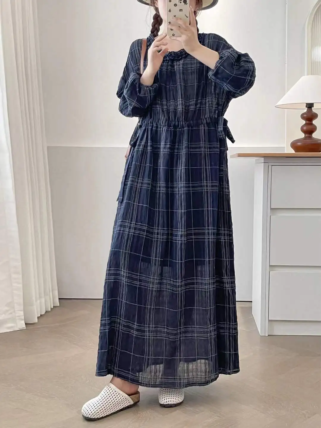 [즉시 배송] 고품질 여성용 100% 면 블라우스 셔츠 체크무늬 드레스 루즈핏 대형 사이즈 긴팔 여성용 롱 드레스