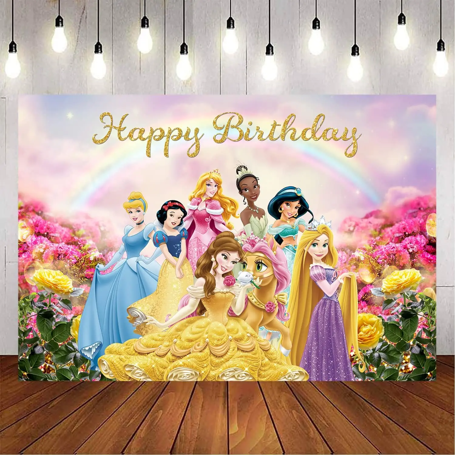 Princess Themed Backdrop Colorful Princess for Girl Photography Background Baby Shower Princess Birthday Background (5X3FT)