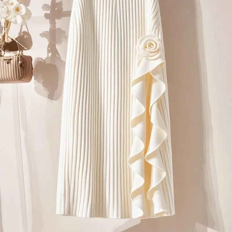 New French 3D Floral Ruffles Skirt Women Fashion Elegant High Waist Casual Solid Color Party Skirts Spring Summer Jupe