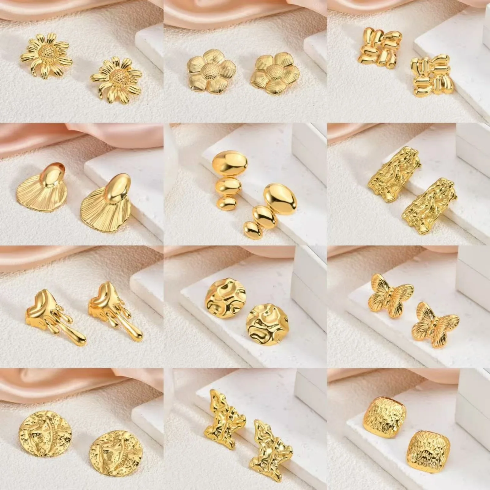 1 Pair Stylish 18K Gold Plated 304 Stainless Steel Ear Post Stud Earrings Heart Flower Butterfly Starfish For Women Gift